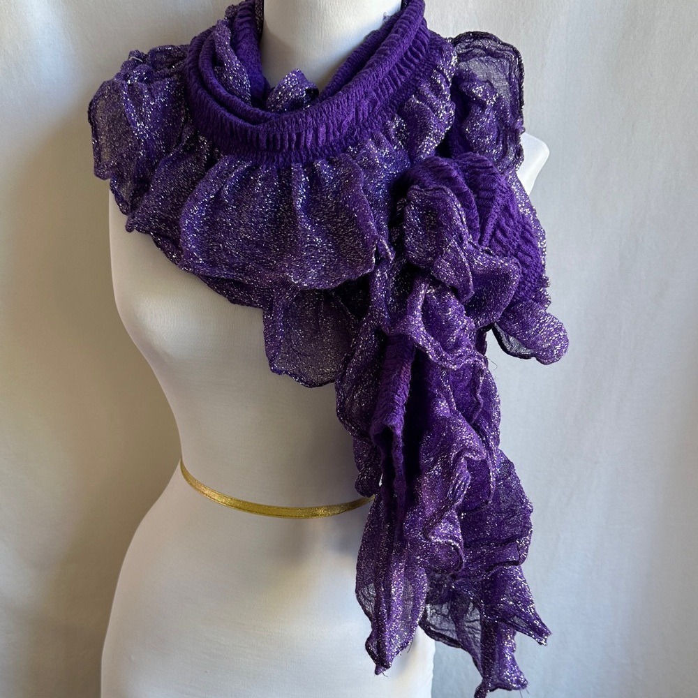 Purple ruffled scarf with silver metallic accents, 65” x 12”